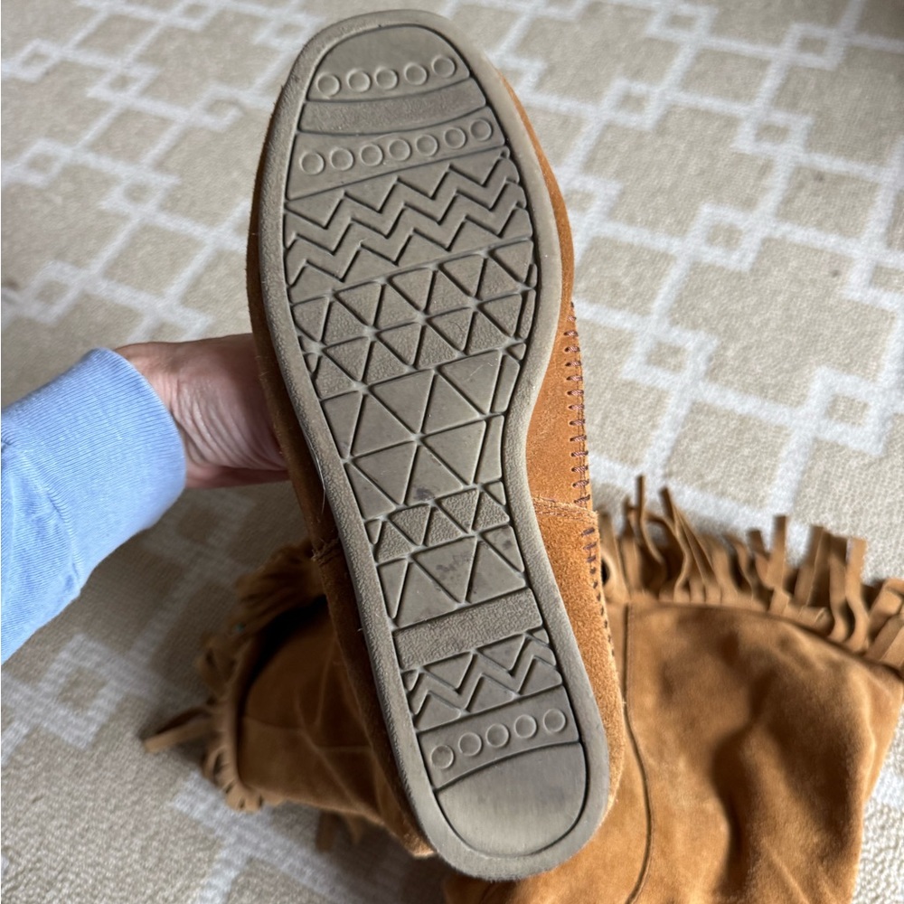 Route 66 Suede Fringe Moccasin-Style Slouch Boots Boho Festival Tan Beaded 9 - Picture 6 of 8